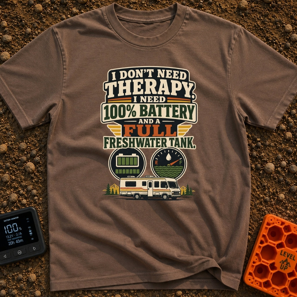 Fully Charged Full Tanks - T-Shirt in Espresso - A vintage-style typographic design reading "I don't need therapy, I need...