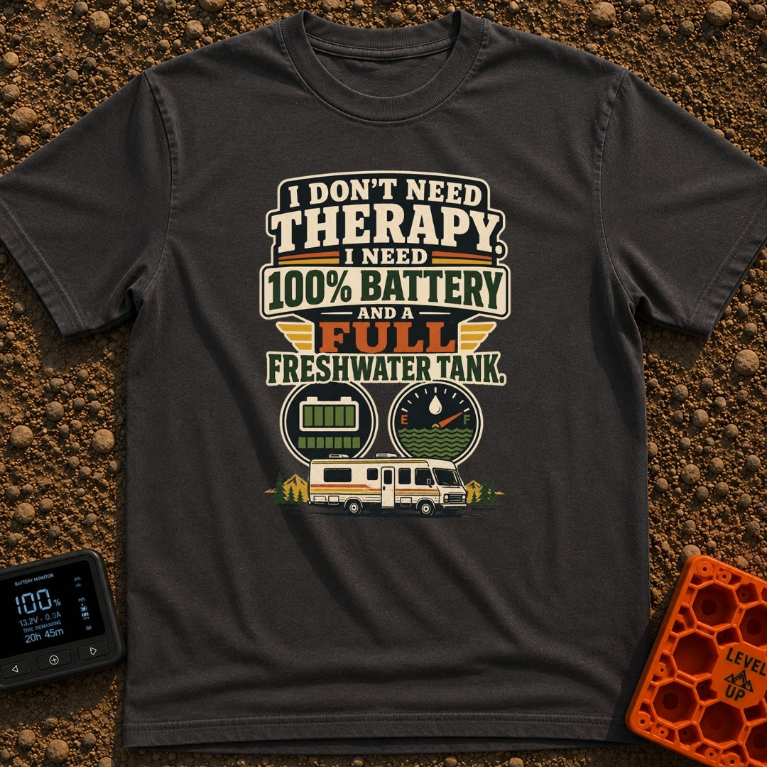 Fully Charged Full Tanks - T-Shirt in Graphite - A vintage-style typographic design reading "I don't need therapy, I need...