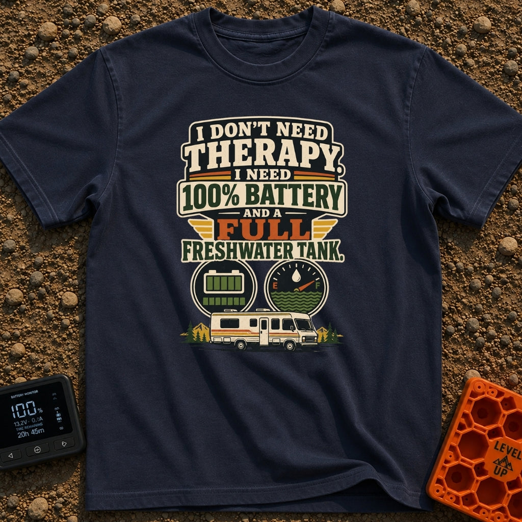 Fully Charged Full Tanks - T-Shirt in Navy - A vintage-style typographic design reading "I don't need therapy, I need...