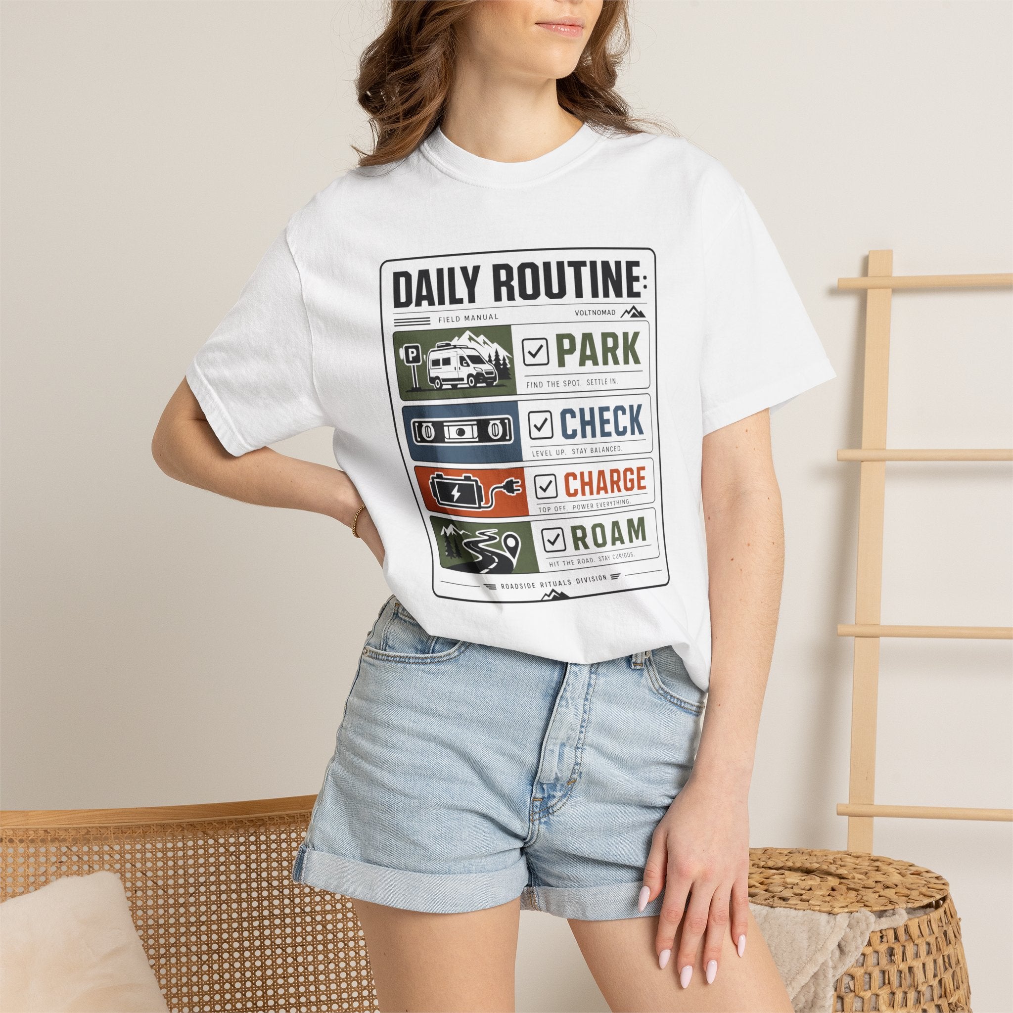 Daily Routine Park Check Charge Roam - T-Shirt