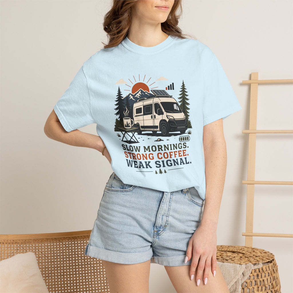 Slow Mornings Strong Coffee Weak Signal - T-Shirt