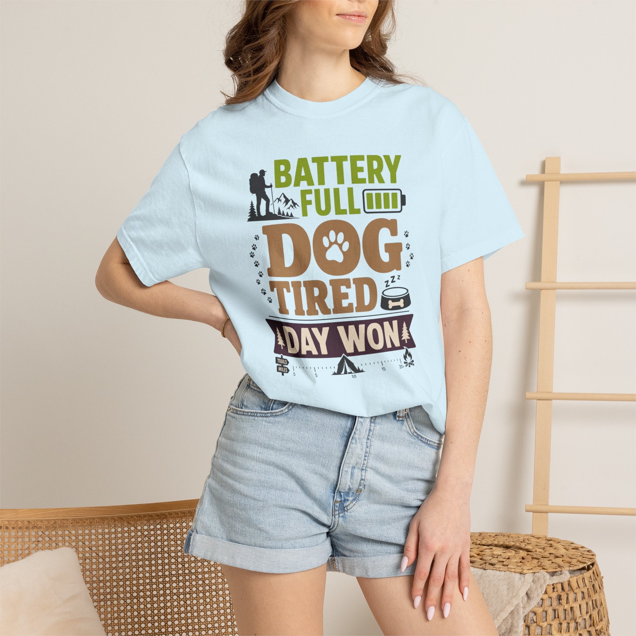 Battery Full Dog Tired Day Won - T-Shirt