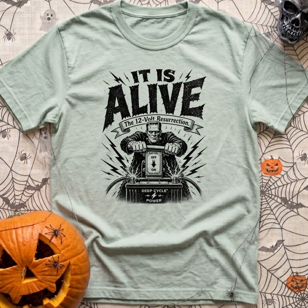 Volt From The Dead - T-Shirt in Bay - A black and white illustration of Frankenstein's monster pulling a large knife...