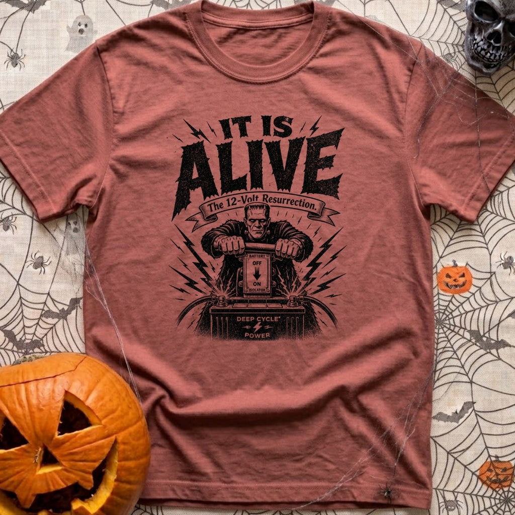 Volt From The Dead - T-Shirt in Brick - A black and white illustration of Frankenstein's monster pulling a large knife...