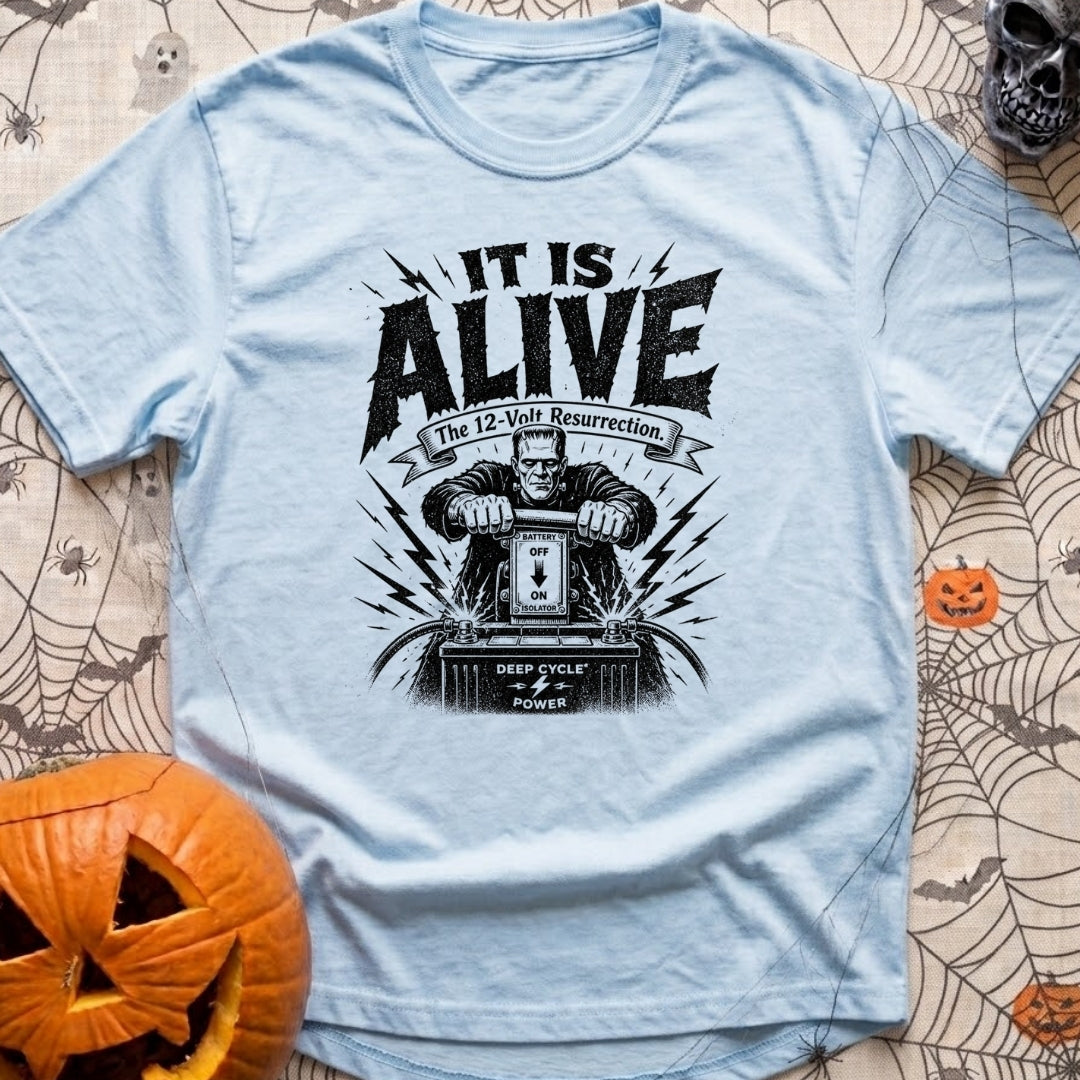 Volt From The Dead - T-Shirt in Chambray - A black and white illustration of Frankenstein's monster pulling a large knife...