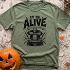 Volt From The Dead - T-Shirt in Moss - A black and white illustration of Frankenstein's monster pulling a large knife...