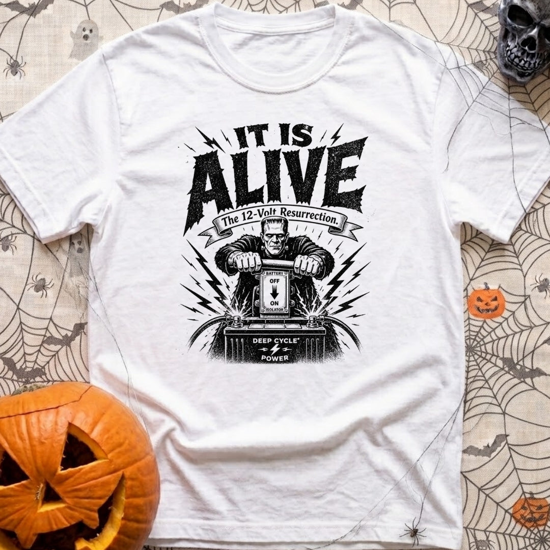 Volt From The Dead - T-Shirt in White - A black and white illustration of Frankenstein's monster pulling a large knife...