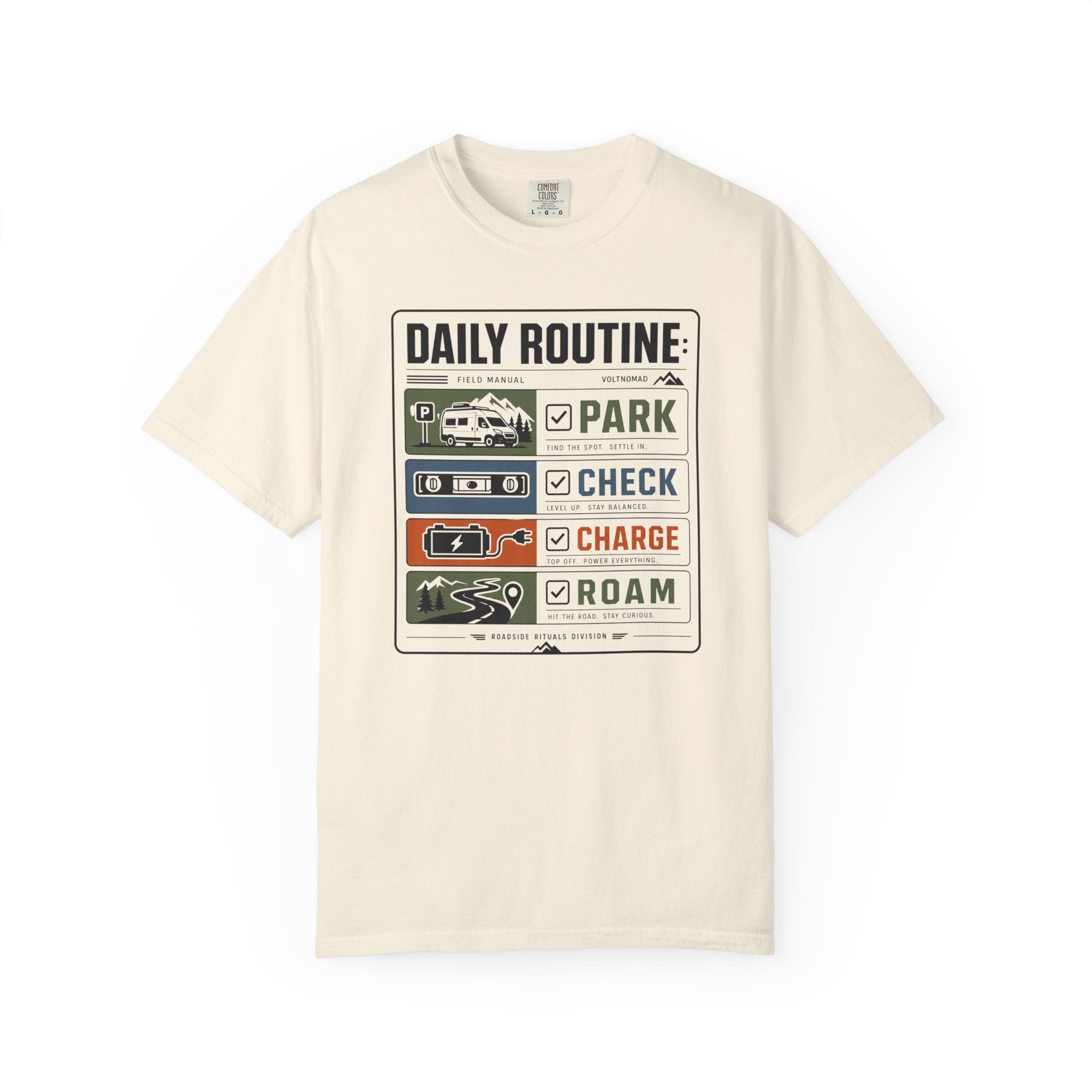 Daily Routine Park Check Charge Roam - T-Shirt
