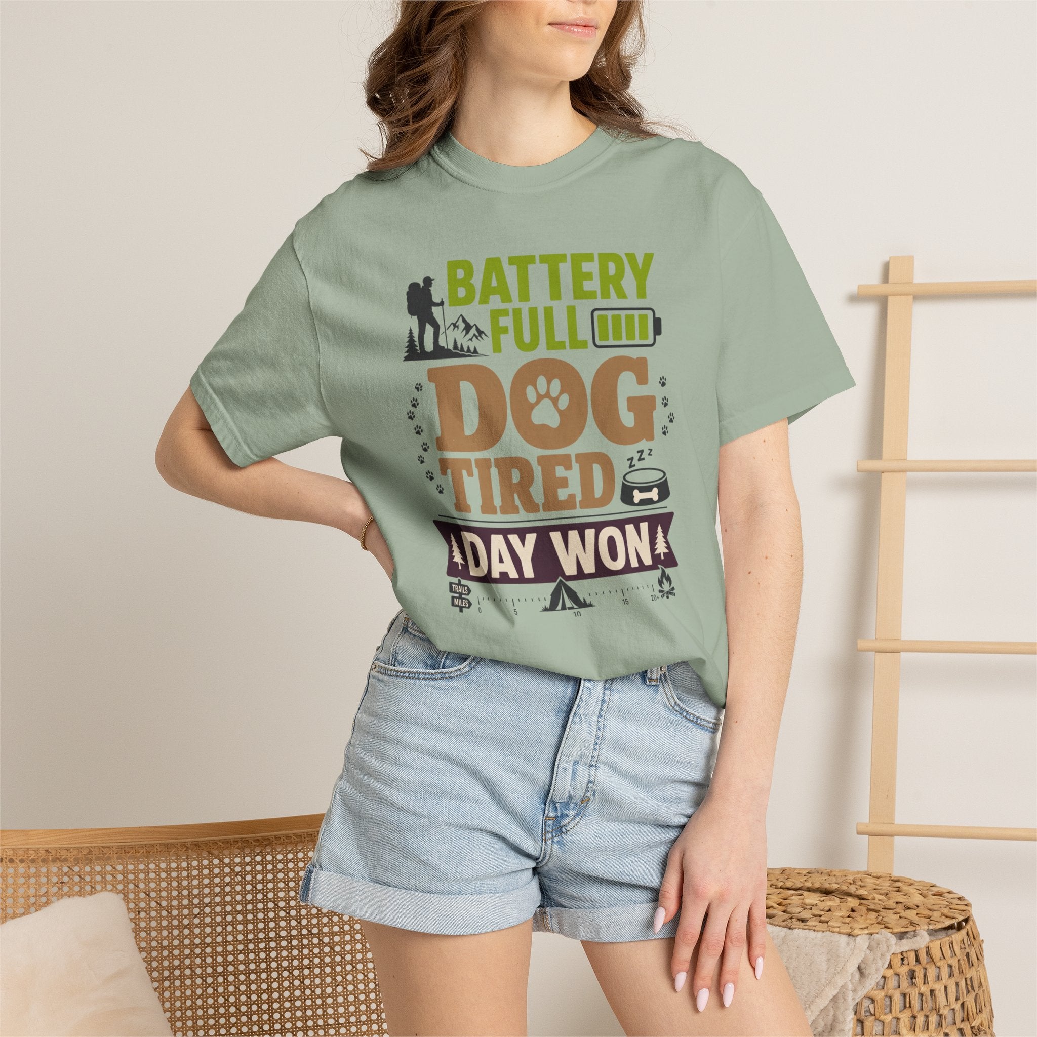 Battery Full Dog Tired Day Won - T-Shirt
