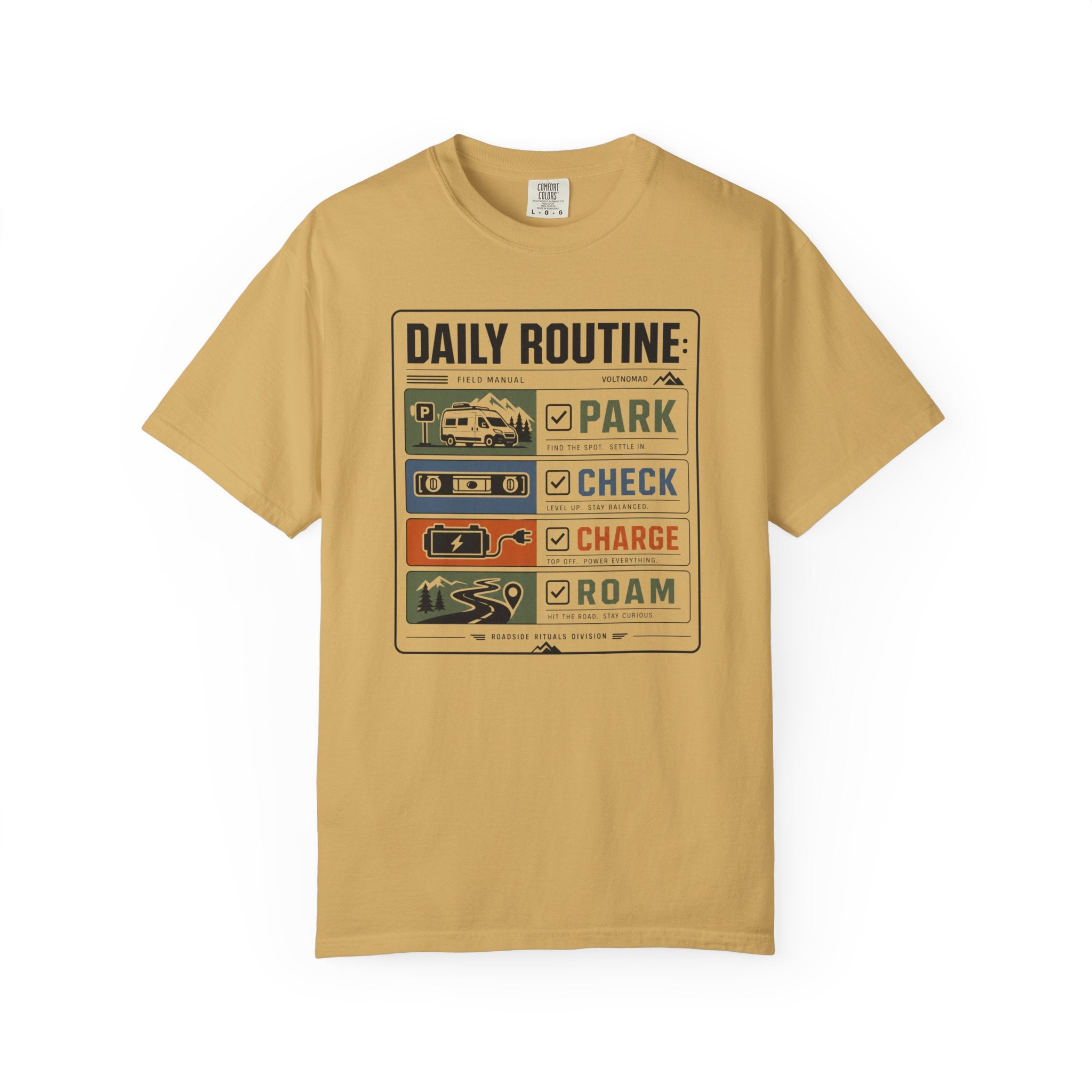 Daily Routine Park Check Charge Roam - T-Shirt