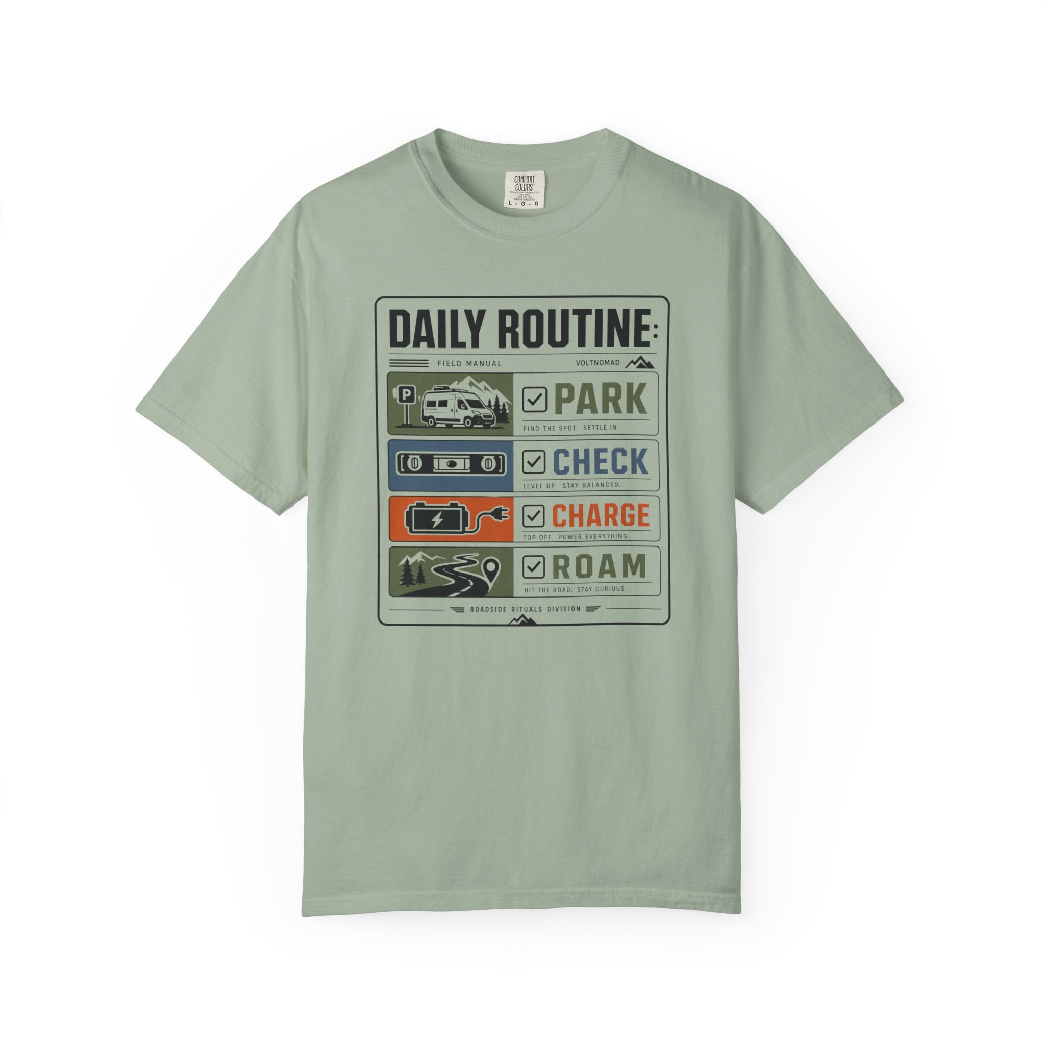 Daily Routine Park Check Charge Roam - T-Shirt