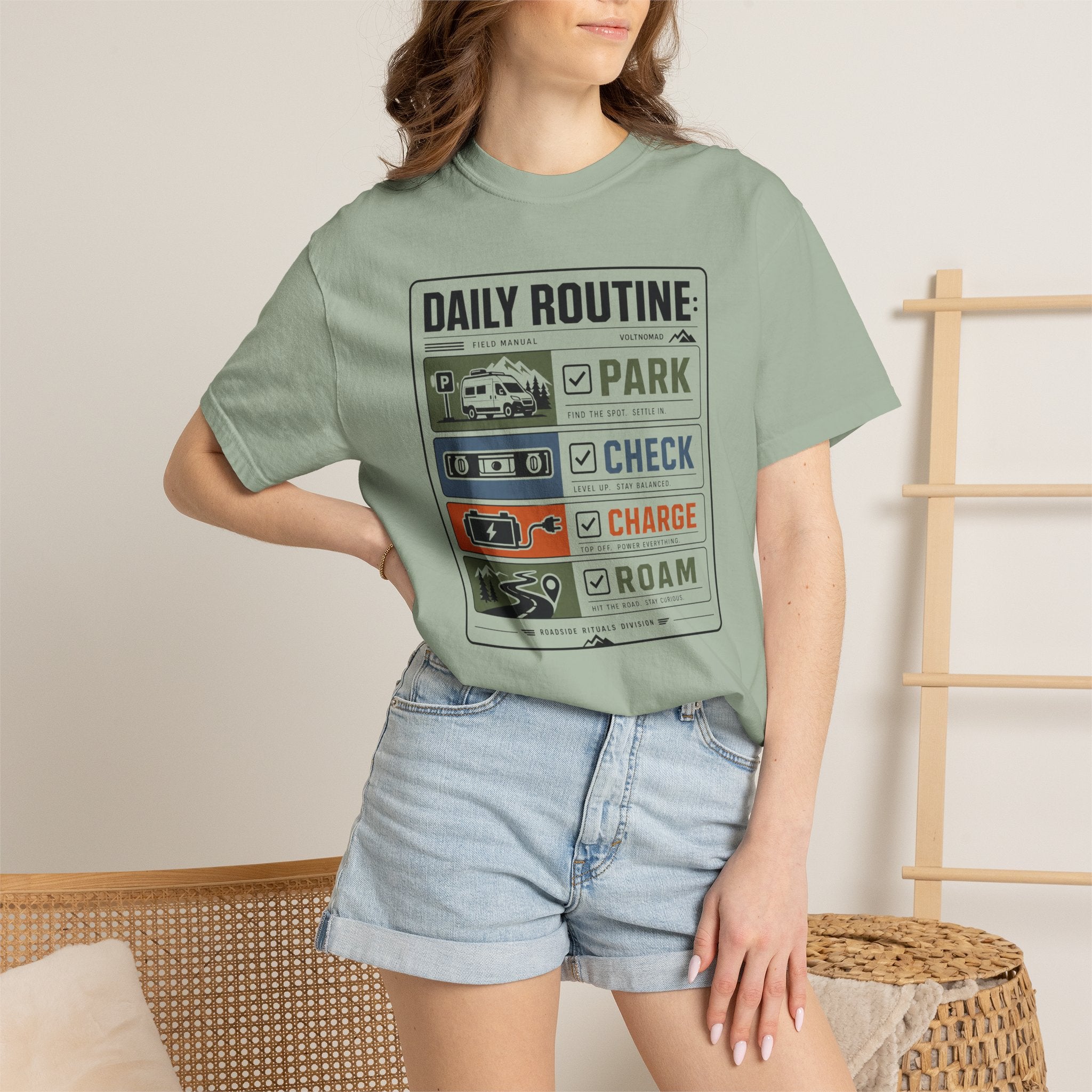 Daily Routine Park Check Charge Roam - T-Shirt
