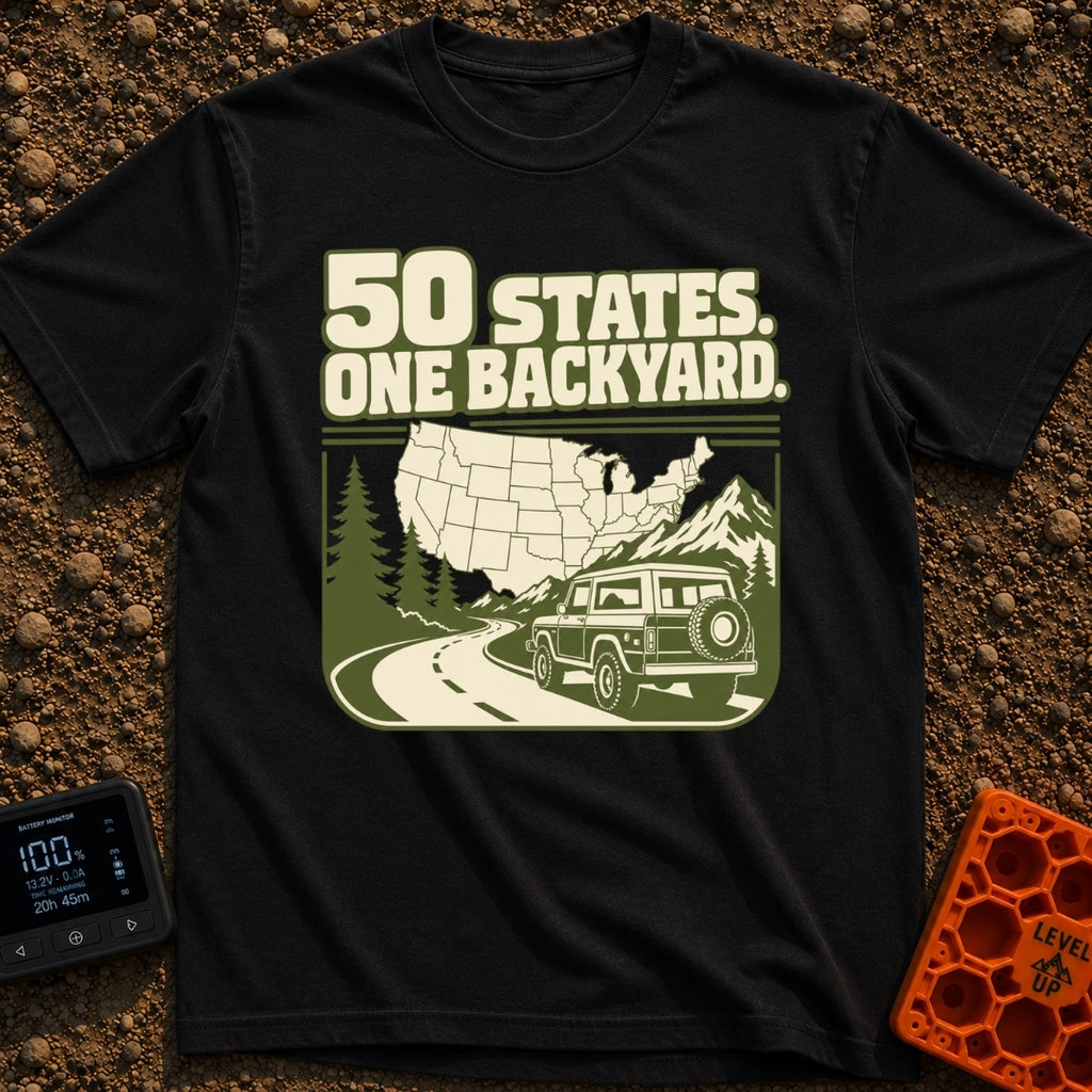 Every State Playground - T-Shirt in Black - A green and cream illustration featuring the text "50 STATES. ONE BACKYARD."...