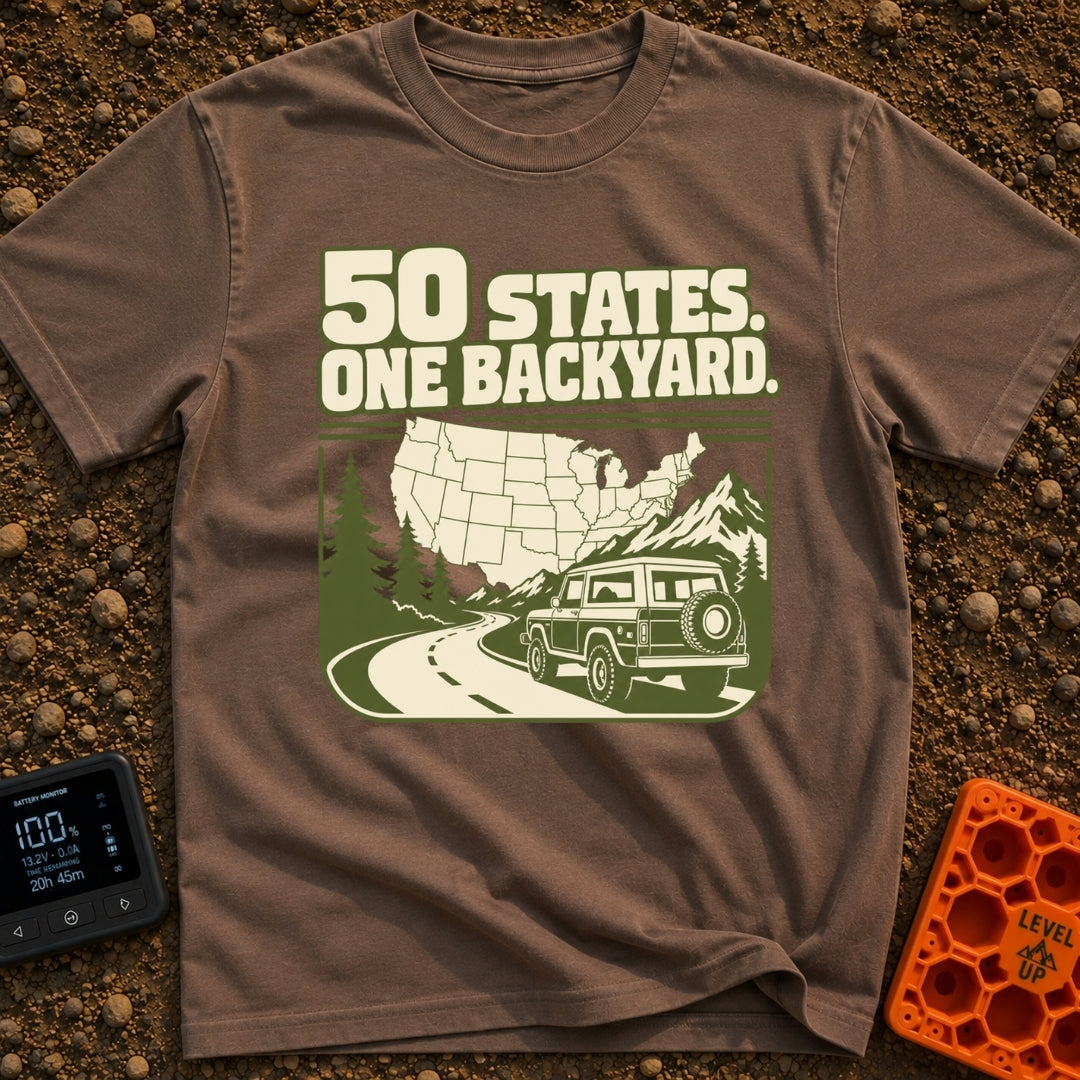 Every State Playground - T-Shirt in Espresso - A green and cream illustration featuring the text "50 STATES. ONE...