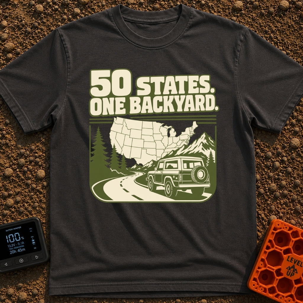 Every State Playground - T-Shirt in Graphite - A green and cream illustration featuring the text "50 STATES. ONE...