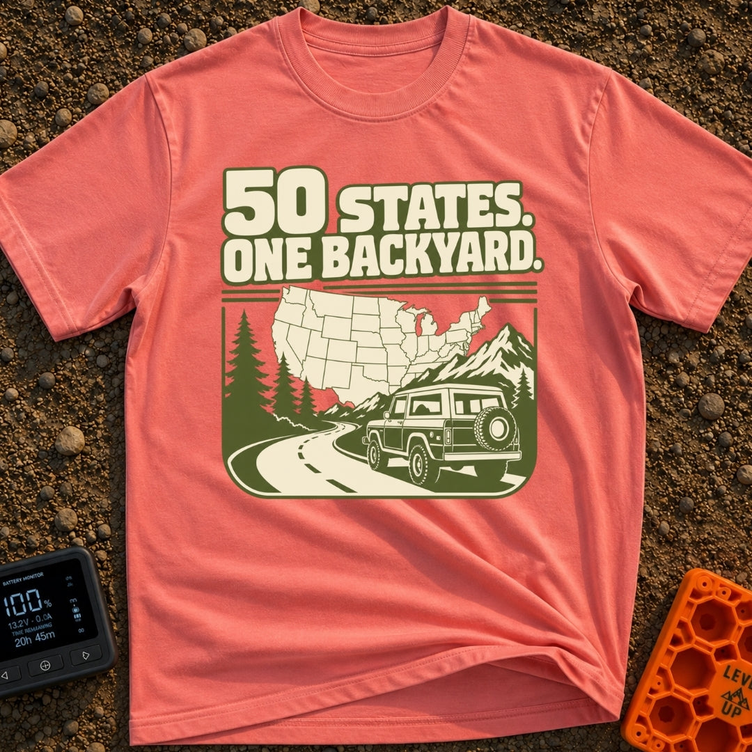 Every State Playground - T-Shirt in Watermelon - A green and cream illustration featuring the text "50 STATES. ONE...