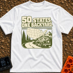 Every State Playground - T-Shirt in White - A green and cream illustration featuring the text "50 STATES. ONE BACKYARD."...
