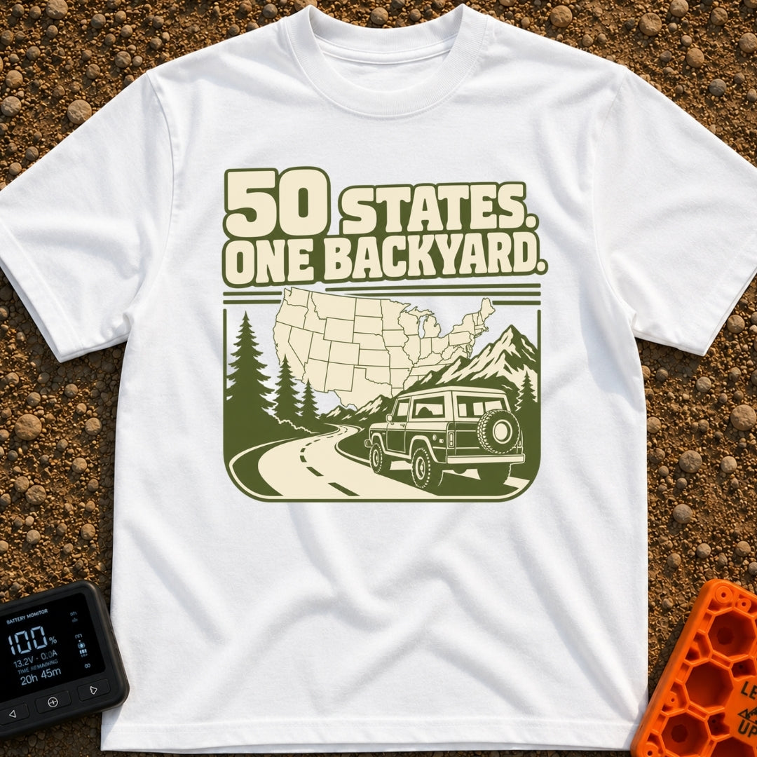 Every State Playground - T-Shirt in White - A green and cream illustration featuring the text "50 STATES. ONE BACKYARD."...