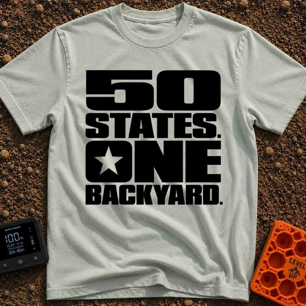 Fifty States One Backyard - T-Shirt in Bay - Bold black stacked typography that reads "50 STATES. ONE BACKYARD." with a...