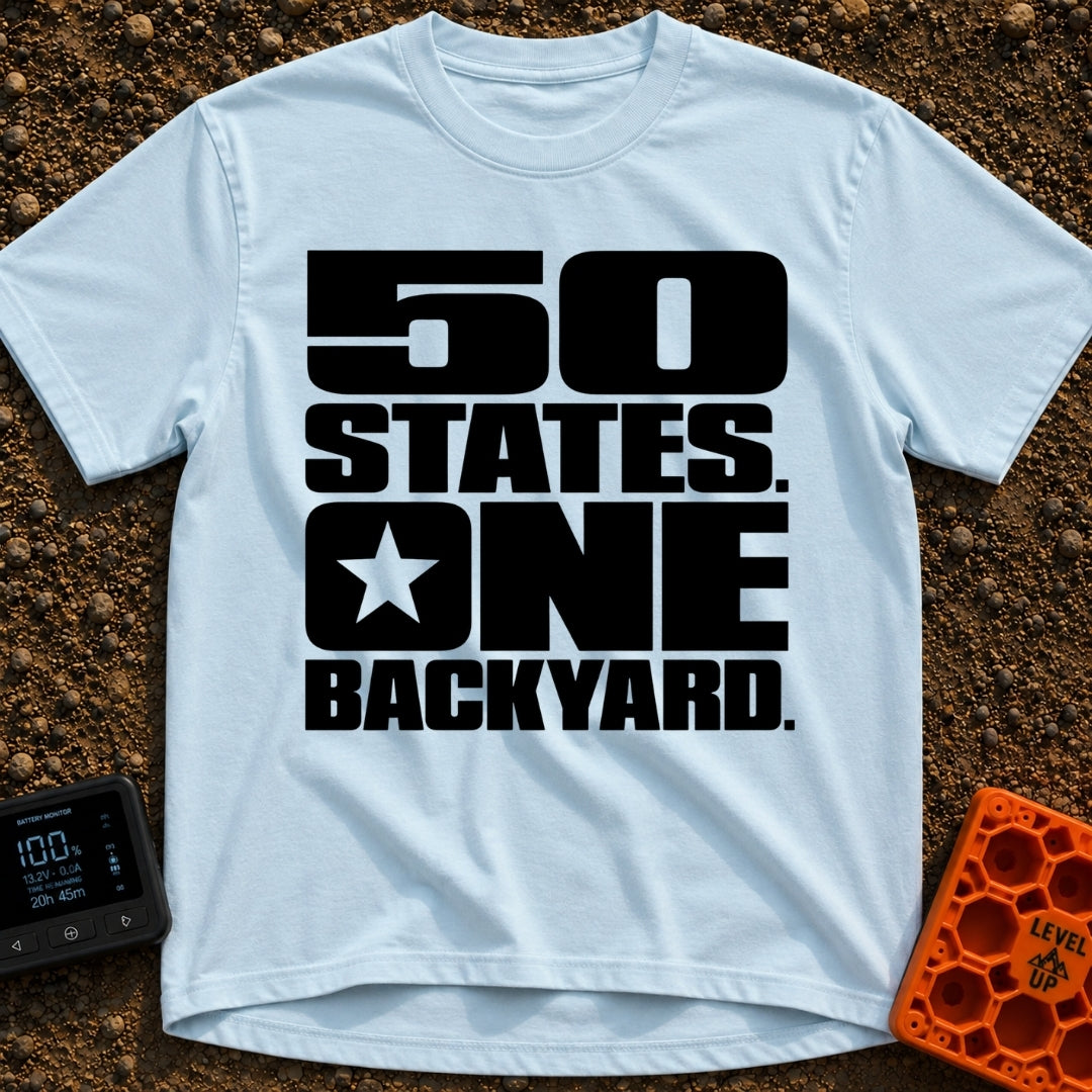 Fifty States One Backyard - T-Shirt in Chambray - Bold black stacked typography that reads "50 STATES. ONE BACKYARD."...