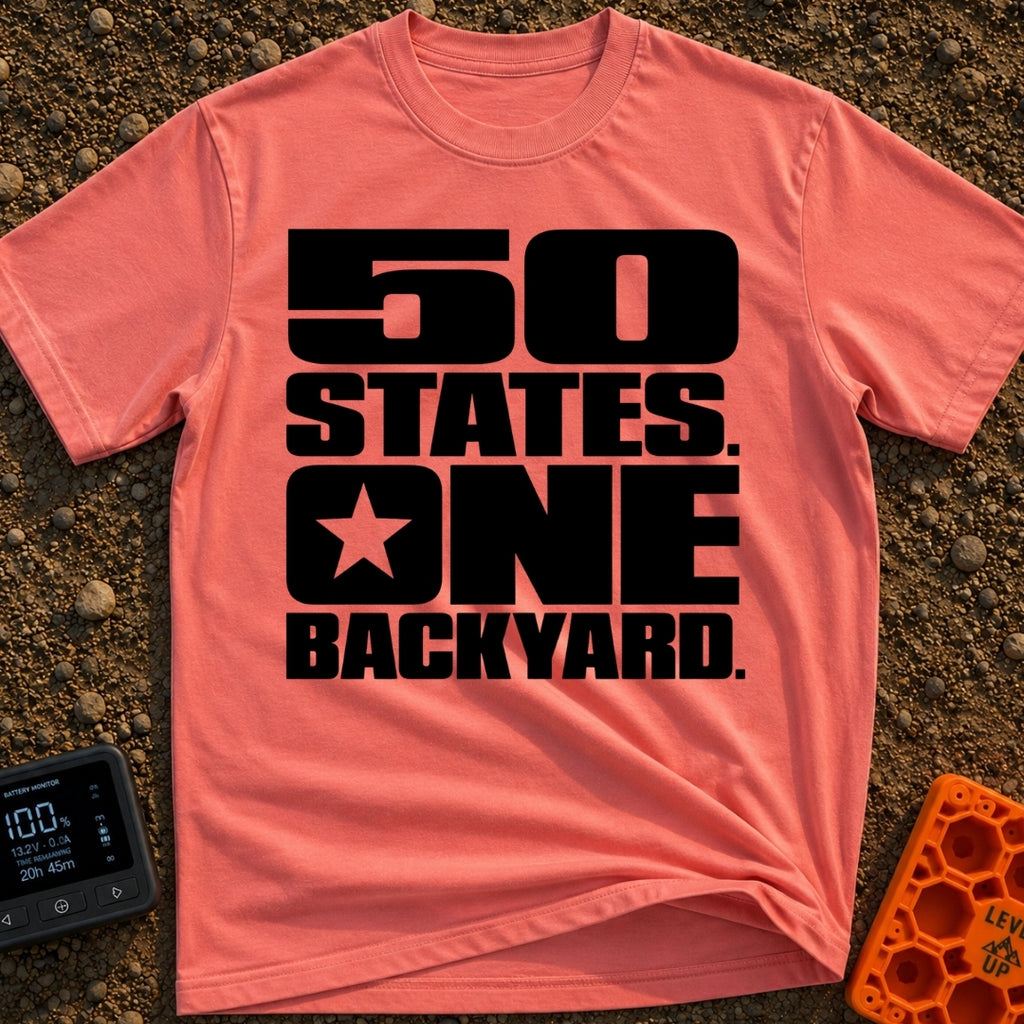 Fifty States One Backyard - T-Shirt in Watermelon - Bold black stacked typography that reads "50 STATES. ONE BACKYARD."...