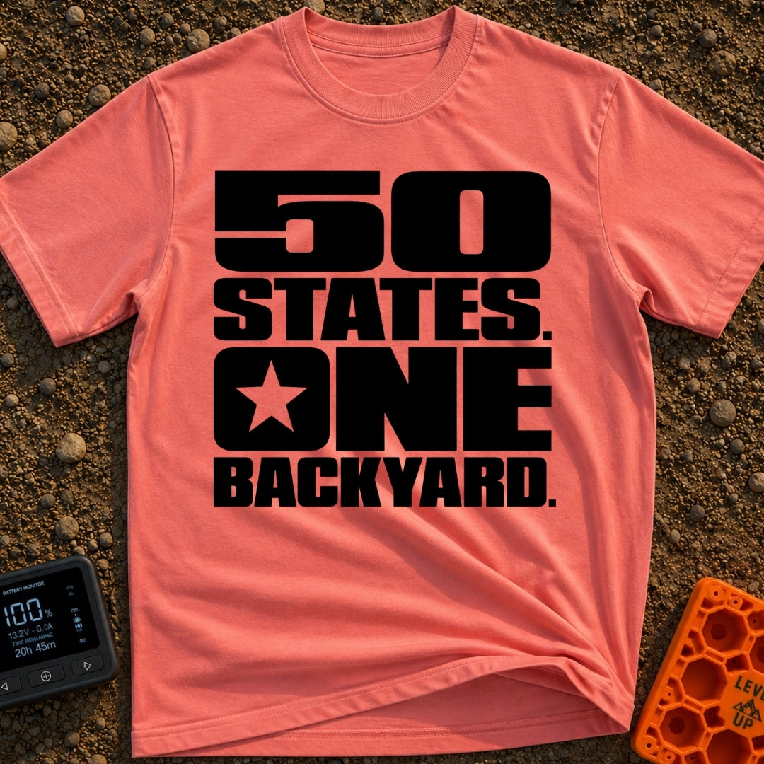 Fifty States One Backyard - T-Shirt in Watermelon - Bold black stacked typography that reads "50 STATES. ONE BACKYARD."...