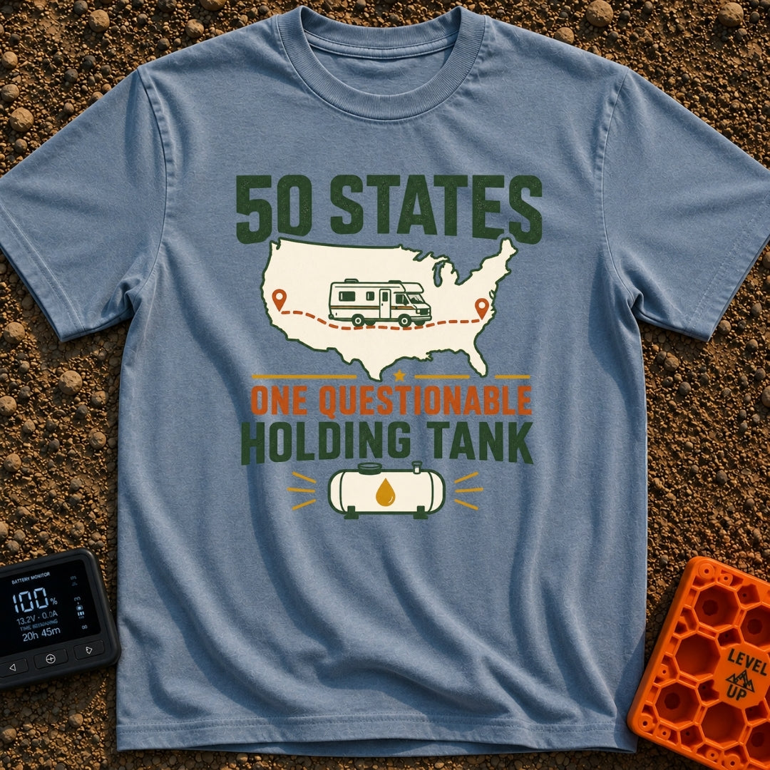 Fifty States Questionable Tank - T-Shirt in Blue Jean - The design features an outline of the United States map with a...