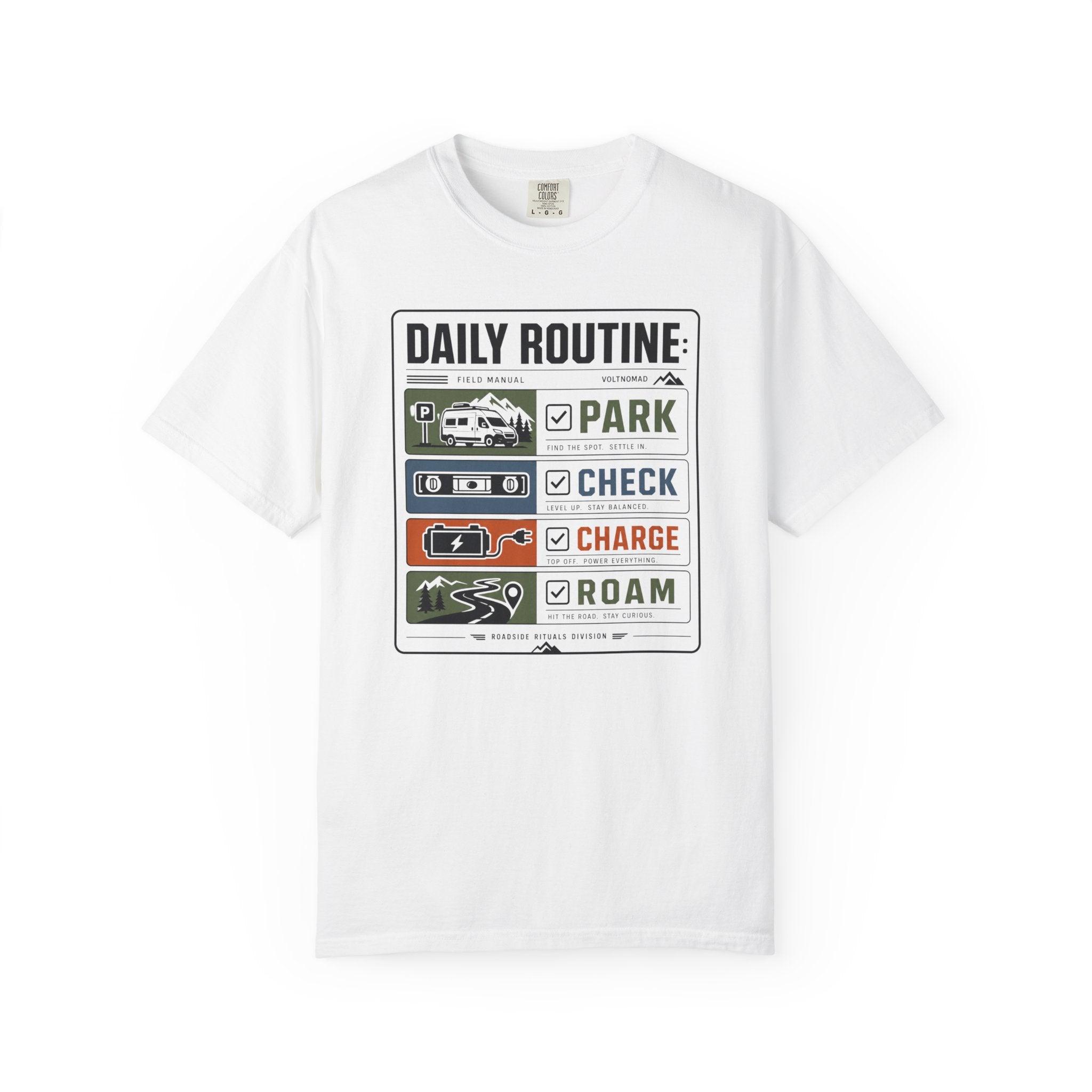 Daily Routine Park Check Charge Roam - T-Shirt