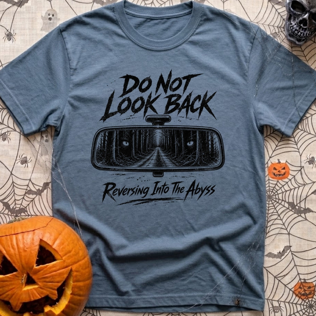 Backing Into The Abyss - T-Shirt in Blue Jean - A black and white illustration of a vehicle's rearview mirror reflecting...