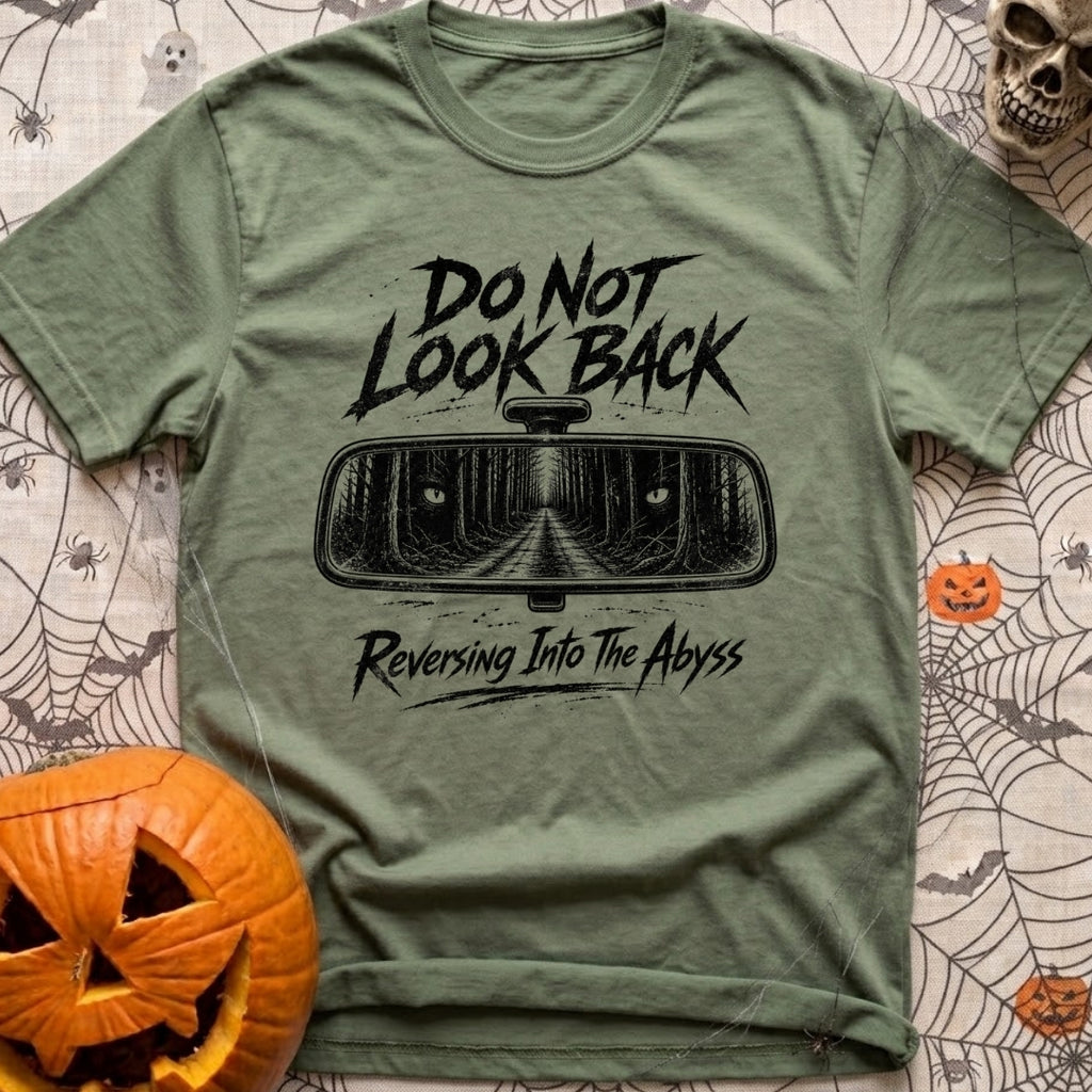 Backing Into The Abyss - T-Shirt in Moss - A black and white illustration of a vehicle's rearview mirror reflecting a...