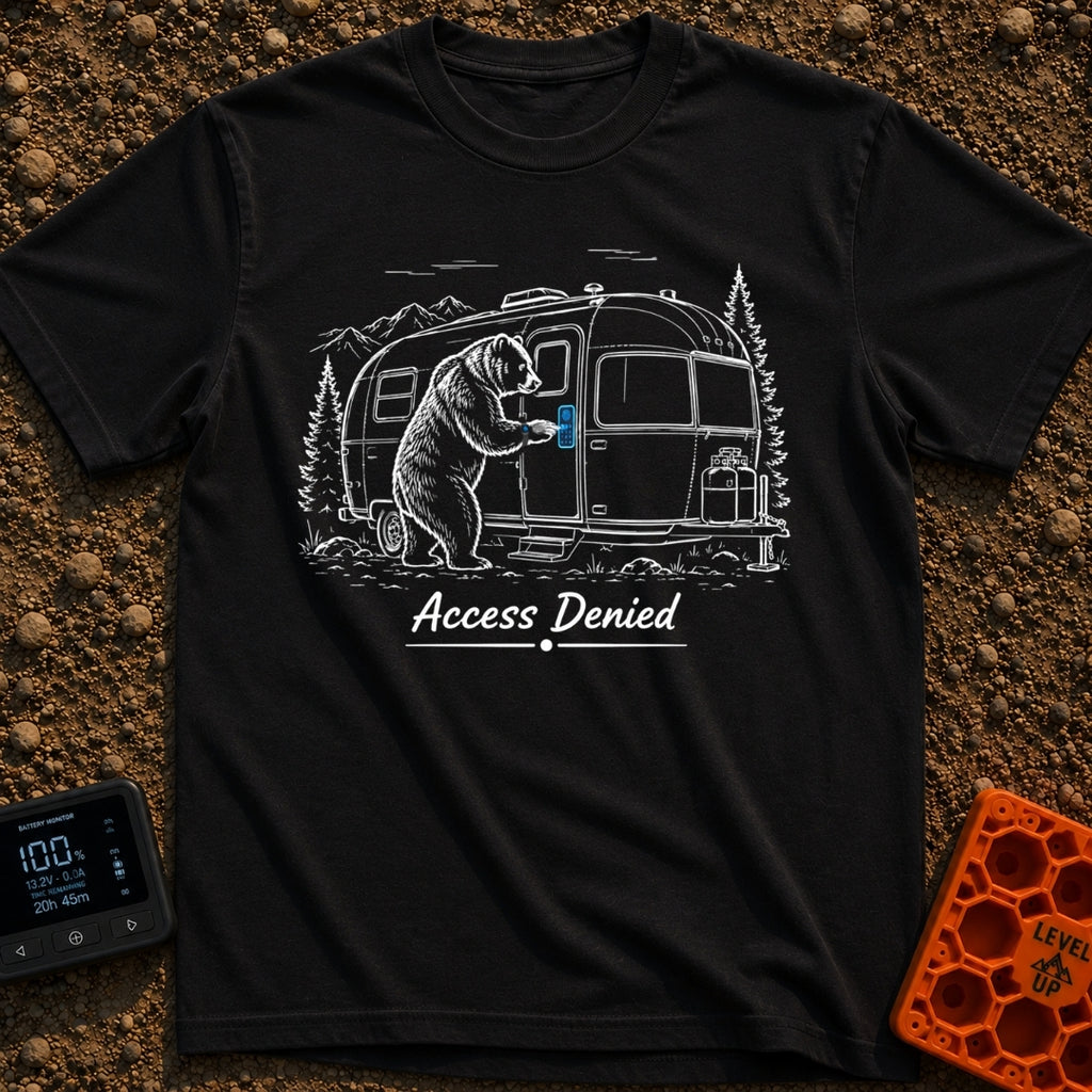 Bearly Logged In - T-Shirt in Black - A black-and-white illustration of a bear standing on its hind legs next to a travel...
