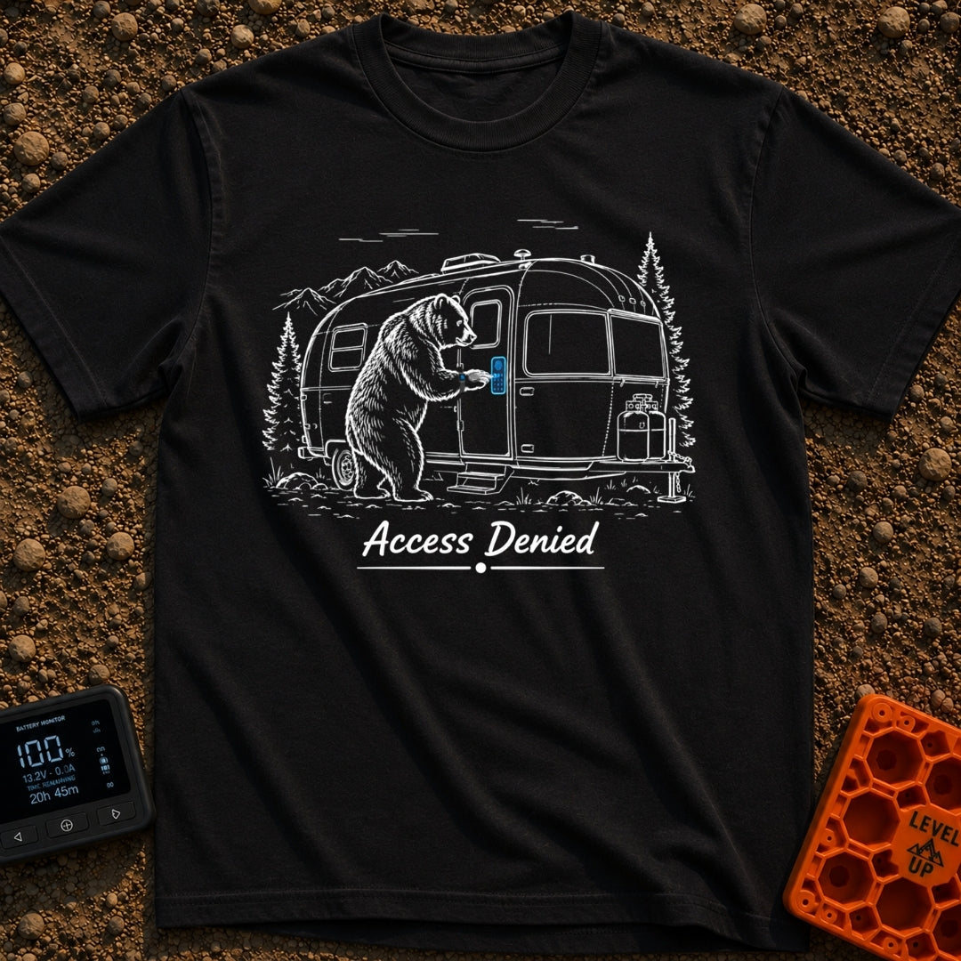 Bearly Logged In - T-Shirt in Black - A black-and-white illustration of a bear standing on its hind legs next to a travel...