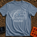 Bearly Logged In - T-Shirt in Blue Jean - A black-and-white illustration of a bear standing on its hind legs next to a...