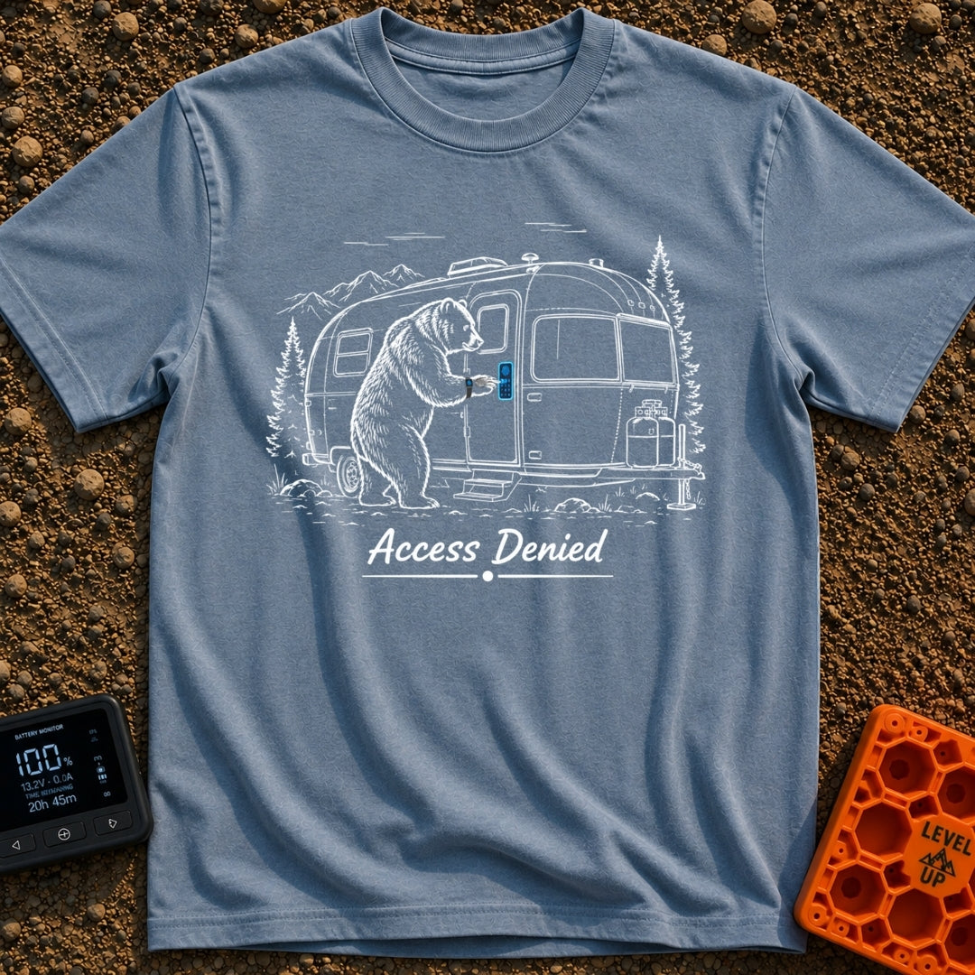 Bearly Logged In - T-Shirt in Blue Jean - A black-and-white illustration of a bear standing on its hind legs next to a...