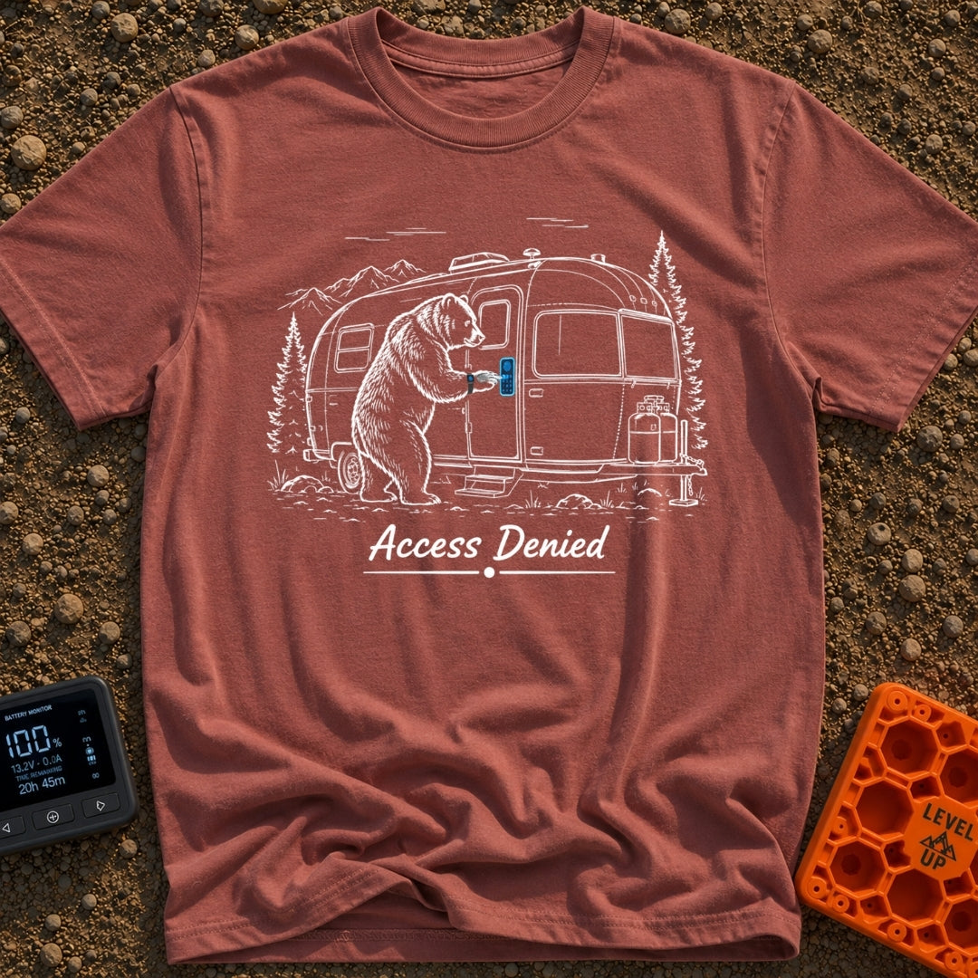 Bearly Logged In - T-Shirt in Brick - A black-and-white illustration of a bear standing on its hind legs next to a travel...