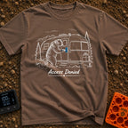 Bearly Logged In - T-Shirt in Espresso - A black-and-white illustration of a bear standing on its hind legs next to a...