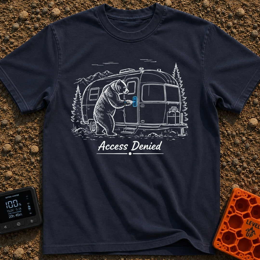 Bearly Logged In - T-Shirt in Navy - A black-and-white illustration of a bear standing on its hind legs next to a travel...