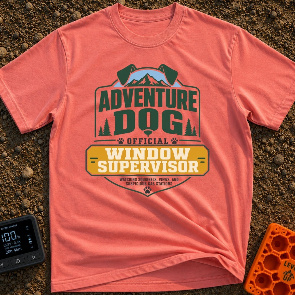Official Window Supervisor - T-Shirt in Watermelon - A graphic badge-style design featuring text that reads 'Adventure...