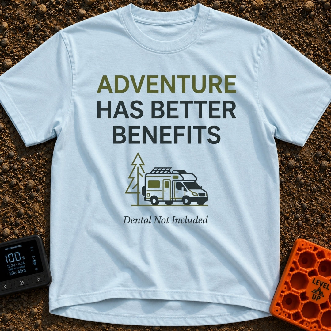 Dental Not Included - T-Shirt in Chambray - The design features the text "ADVENTURE HAS BETTER BENEFITS" above a line...