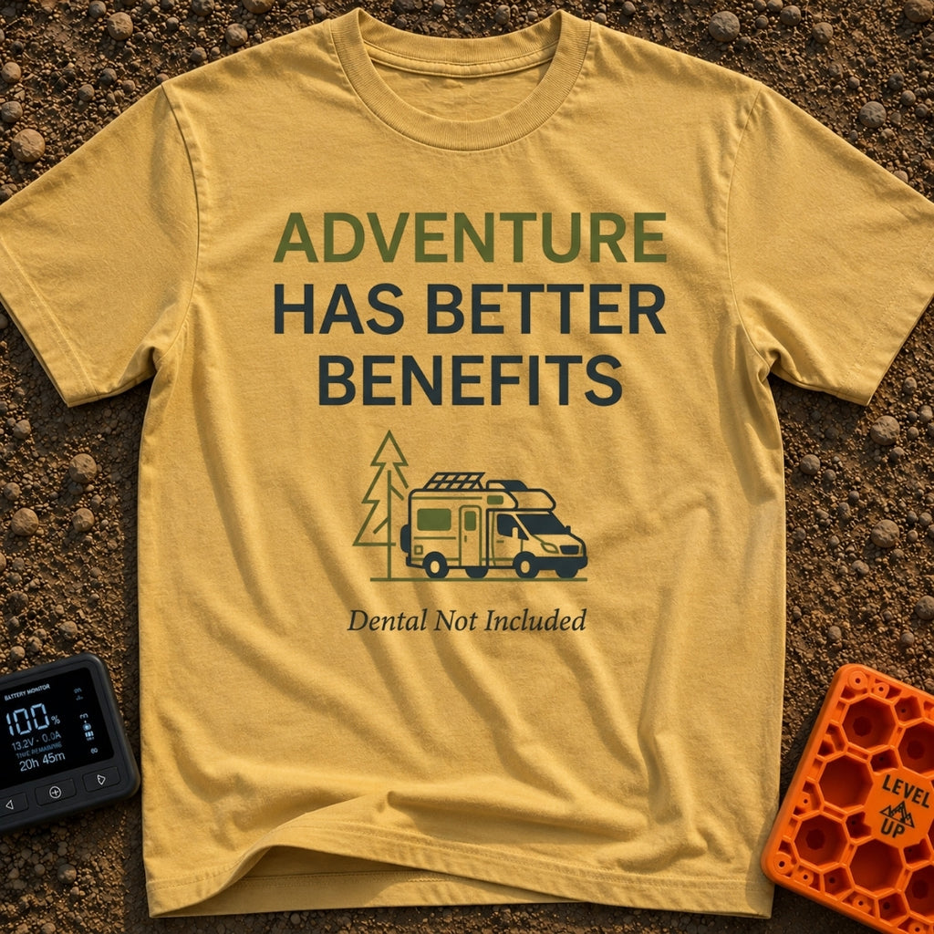 Dental Not Included - T-Shirt in Mustard - The design features the text "ADVENTURE HAS BETTER BENEFITS" above a line...