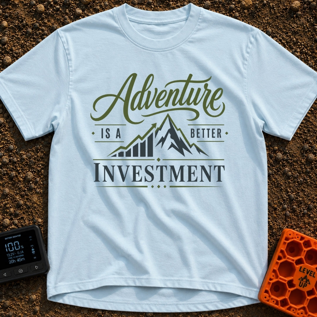 Return On Adventure - T-Shirt in Chambray - A typographic design reading "Adventure IS A BETTER INVESTMENT" featuring a...
