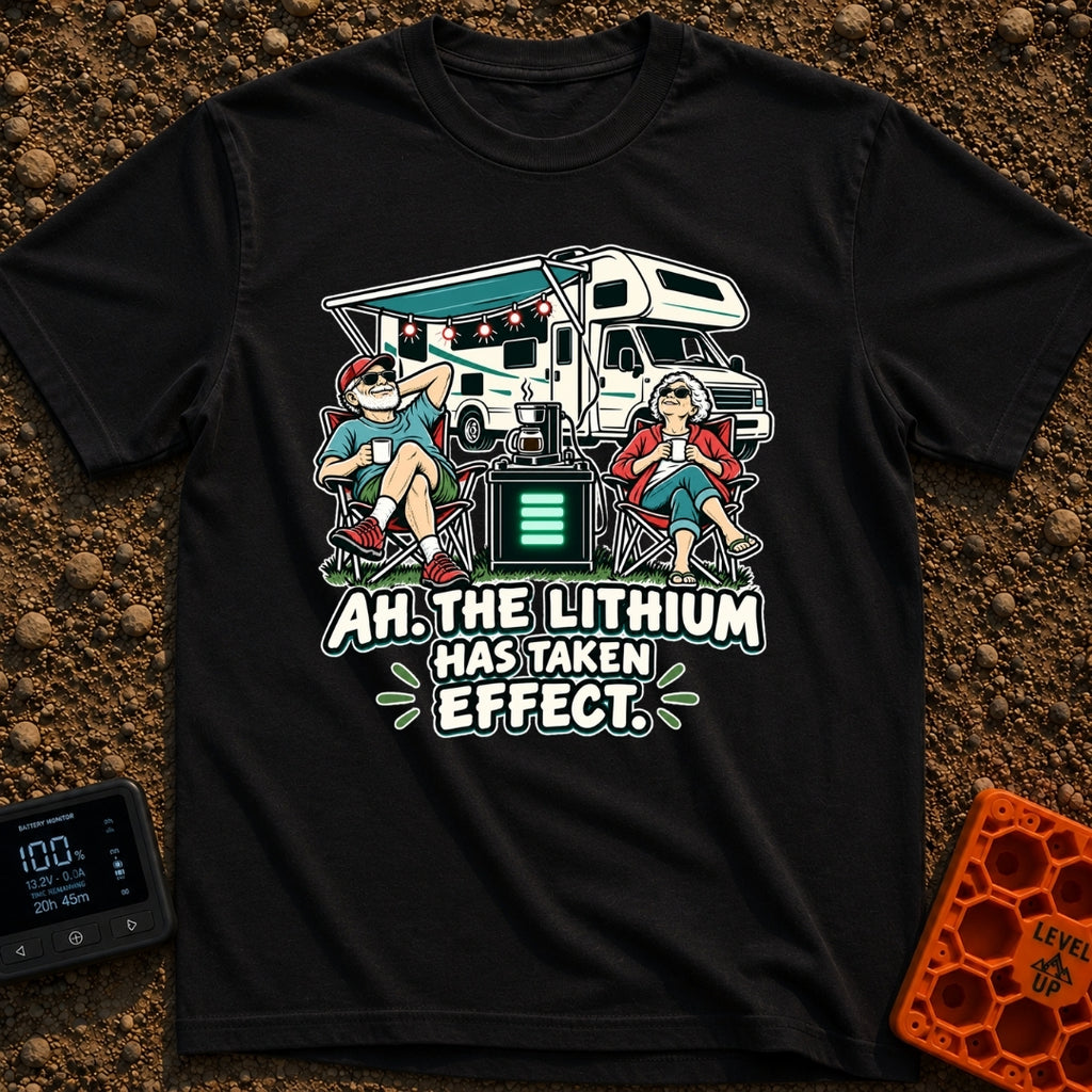 Lithium Has Kicked In - T-Shirt in Black - An older man and woman are relaxing in camp chairs drinking coffee in front of...