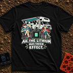 Lithium Has Kicked In - T-Shirt in Black - An older man and woman are relaxing in camp chairs drinking coffee in front of...