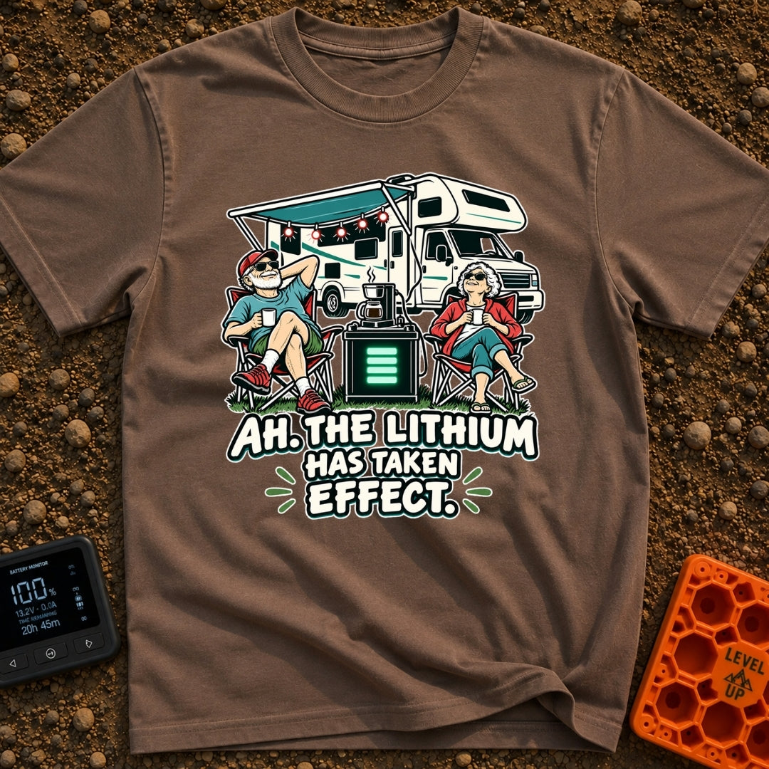 Lithium Has Kicked In - T-Shirt in Espresso - An older man and woman are relaxing in camp chairs drinking coffee in front...