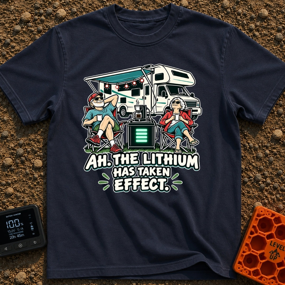 Lithium Has Kicked In - T-Shirt in Navy - An older man and woman are relaxing in camp chairs drinking coffee in front of...