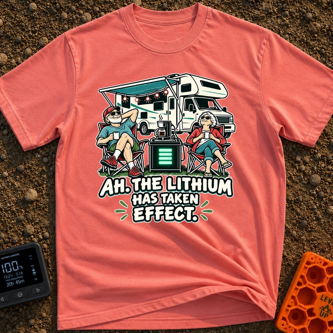 Lithium Has Kicked In - T-Shirt in Watermelon - An older man and woman are relaxing in camp chairs drinking coffee in...
