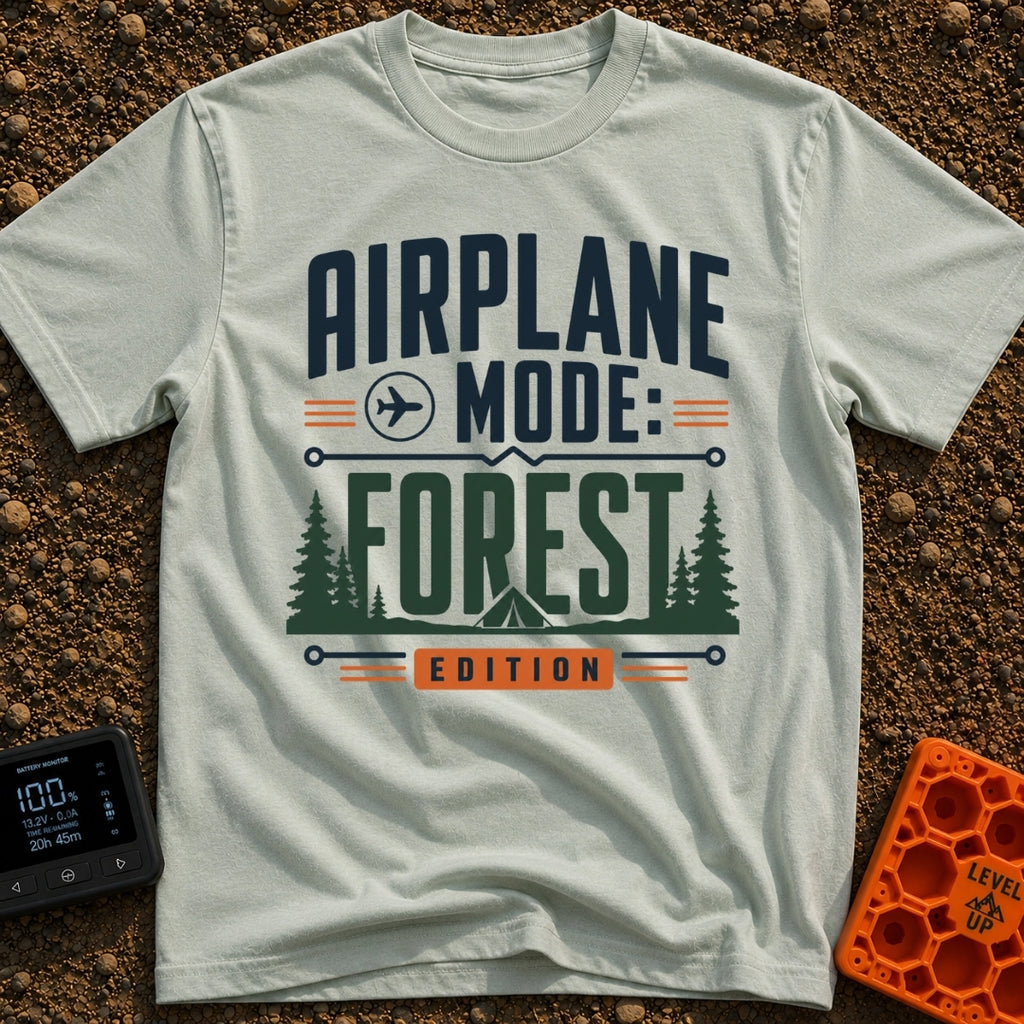 Forest On Airplane Mode - T-Shirt in Bay - A typographic design reading "AIRPLANE MODE: FOREST EDITION" featuring an...