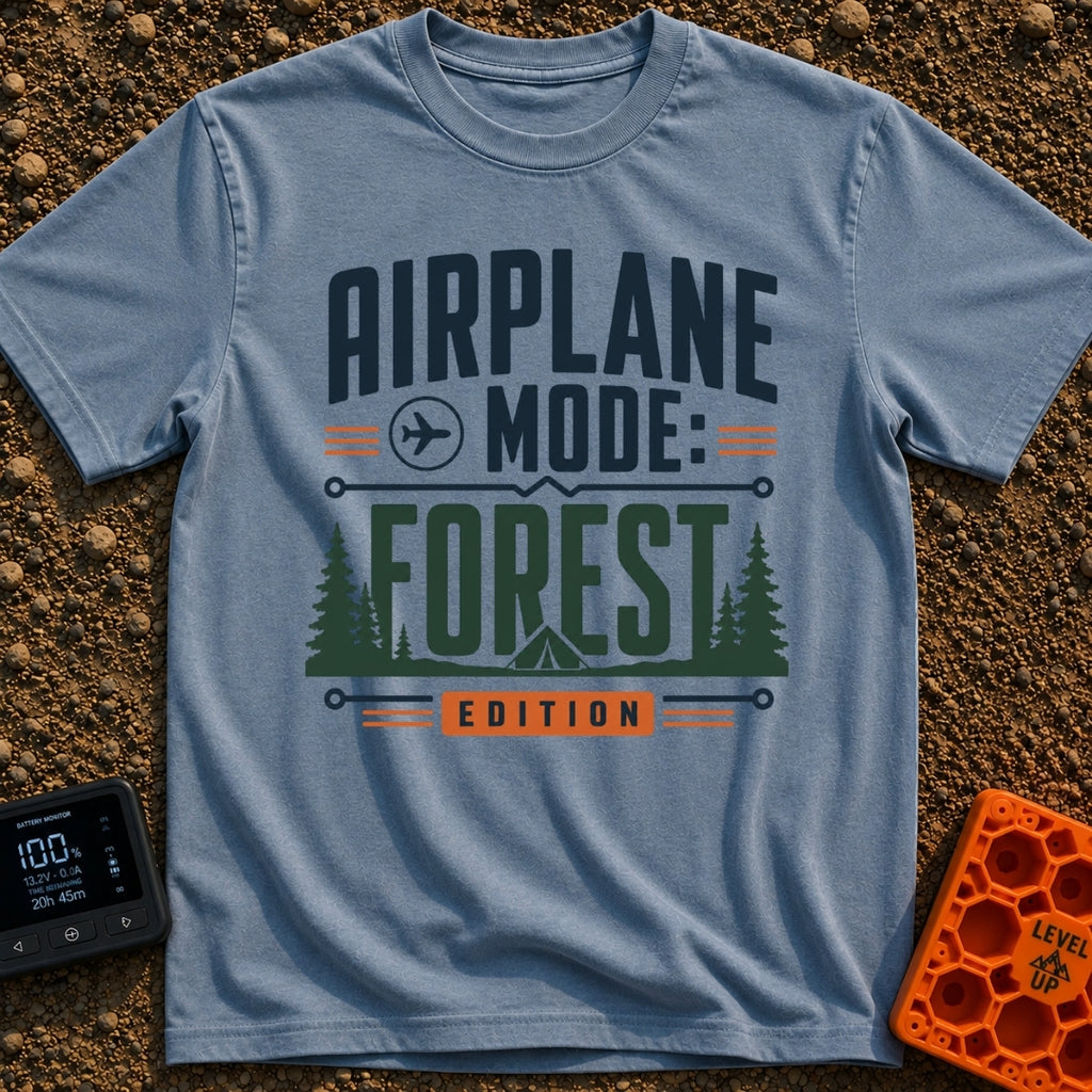 Forest On Airplane Mode - T-Shirt in Blue Jean - A typographic design reading "AIRPLANE MODE: FOREST EDITION" featuring...