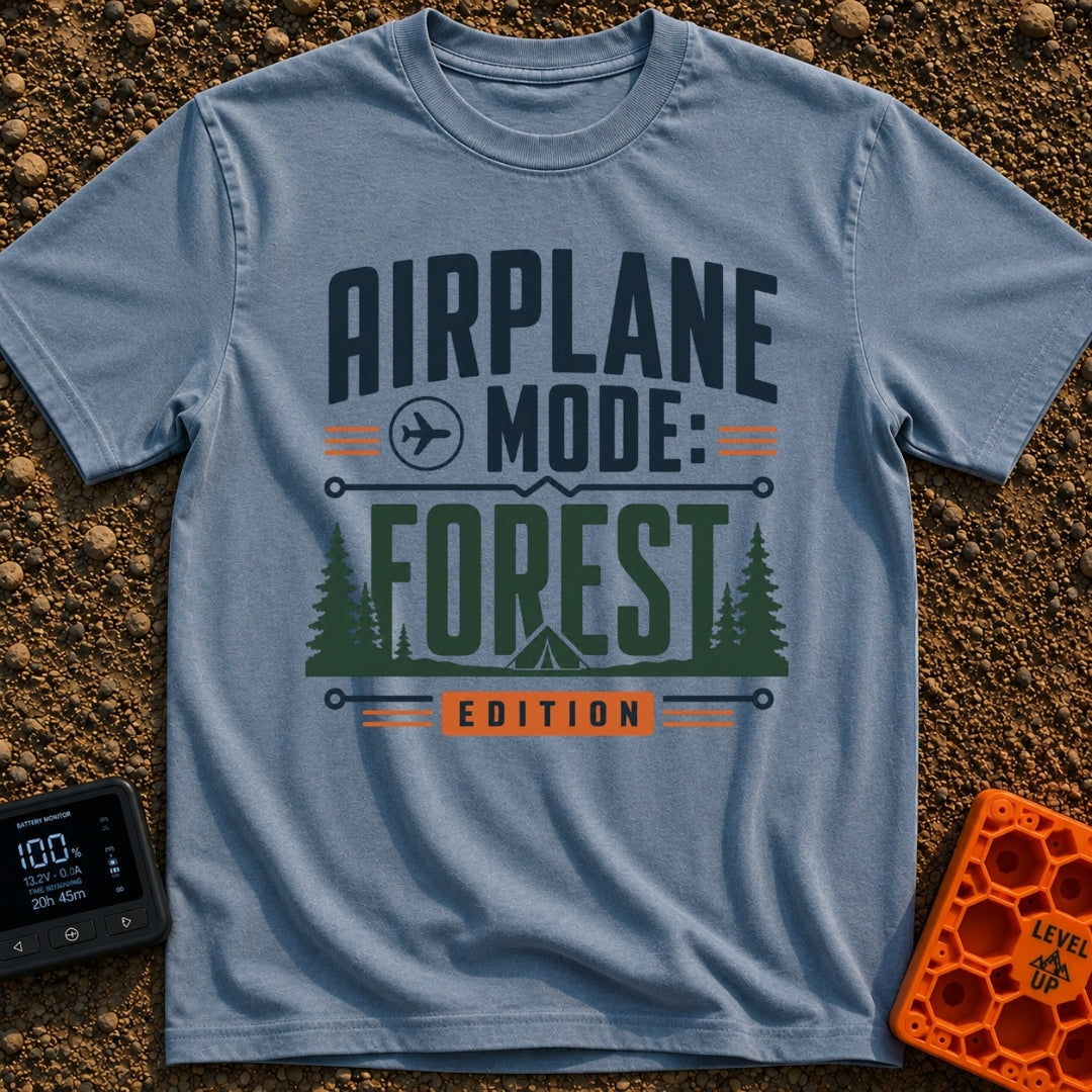 Forest On Airplane Mode - T-Shirt in Blue Jean - A typographic design reading "AIRPLANE MODE: FOREST EDITION" featuring...