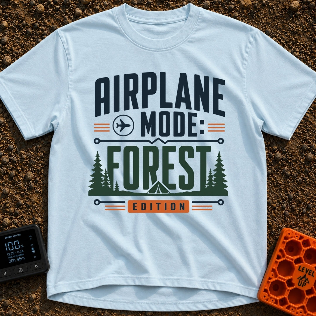Forest On Airplane Mode - T-Shirt in Chambray - A typographic design reading "AIRPLANE MODE: FOREST EDITION" featuring an...